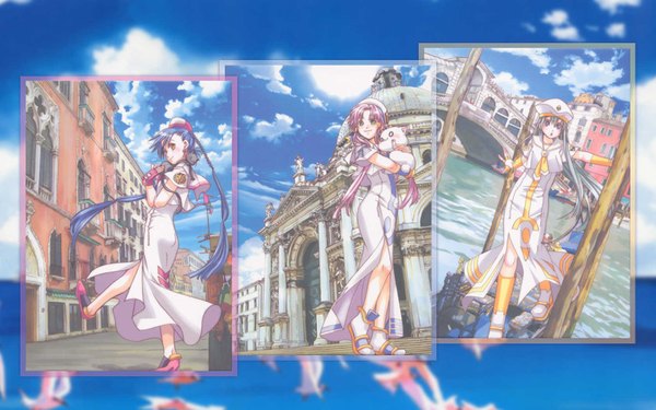 Anime picture 1680x1050 with aria mizunashi akari alice carroll aika s granzchesta aria pokoteng hime granzchesta president maa amano kozue highres wide image sky cloud (clouds) wallpaper cityscape jpeg artifacts animal water bird (birds) venice venezia