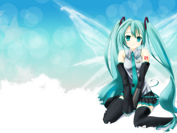 Anime picture 1200x900 with vocaloid hatsune miku twintails aqua eyes green hair girl thighhighs detached sleeves headphones