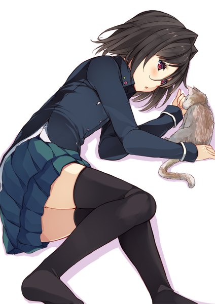 Anime picture 1004x1420 with koi to senkyo to chocolate morishita michiru minase yuu tall image short hair black hair simple background red eyes white background girl thighhighs skirt uniform black thighhighs school uniform miniskirt cat