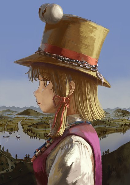 Anime picture 827x1169 with touhou moriya suwako amibazh single tall image short hair blonde hair yellow eyes looking away profile portrait mountain landscape river parody adapted costume fine art parody girl hat