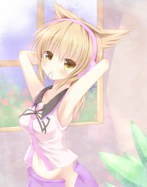 Anime picture 1299x1654 with touhou toyosatomimi no miko aibumi single tall image looking at viewer blush short hair light erotic blonde hair holding animal ears yellow eyes armpit (armpits) midriff mouth hold hair tie in mouth girl headphones hair tie