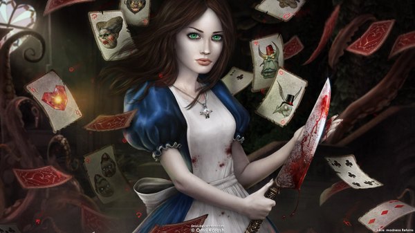 Anime picture 1280x720 with american mcgee's alice (game) alice: madness returns alice (american mcgee's) single long hair black hair wide image green eyes girl dress weapon blood apron cross knife card (cards) tentacles