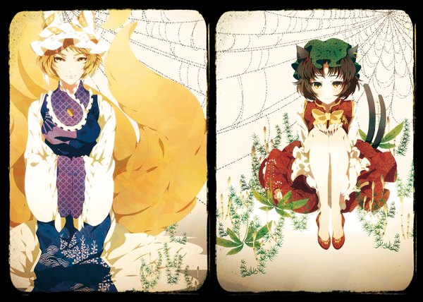 Anime picture 1414x1009 with touhou yakumo ran chen pepepo (kyachi) short hair blonde hair brown hair multiple girls brown eyes animal ears cat ears cat tail fox ears fox tail multiview multiple tails hands in sleeves girl dress bow