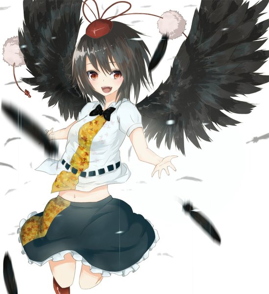 Anime picture 1000x1092 with touhou shameimaru aya la-na single tall image looking at viewer short hair open mouth black hair white background brown eyes girl dress skirt hat wings feather (feathers) pom pom (clothes)