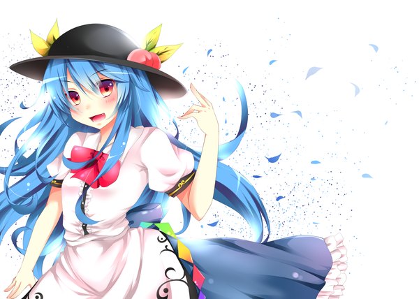 Anime picture 2450x1750 with touhou hinanawi tenshi sisterakuma single long hair looking at viewer blush highres open mouth simple background red eyes white background blue hair girl dress hat leaf (leaves) fruit peach