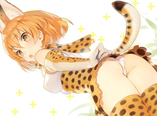 Anime picture 880x650 with kemono friends serval (kemono friends) ikeya (ikeya314) single tall image looking at viewer blush fringe short hair open mouth light erotic hair between eyes white background bare shoulders animal ears yellow eyes ass tail animal tail looking back