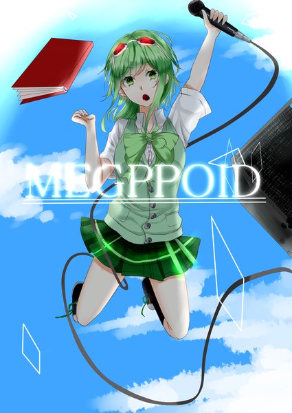 Anime picture 2507x3541 with vocaloid gumi amekawa setsu tall image looking at viewer highres open mouth green eyes sky cloud (clouds) green hair inscription plaid skirt flying jumping girl skirt uniform bow school uniform