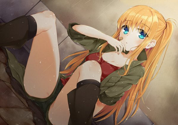 Anime picture 1064x750 with charlotte p.a. works nishimori yusa hym9594 single long hair looking at viewer blush blue eyes light erotic blonde hair sitting arm up arm support wet spread legs side ponytail rain wet clothes casual