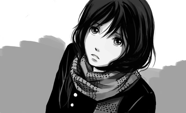 Anime picture 1504x919 with original dzun single short hair open mouth black hair wide image grey eyes looking up girl scarf