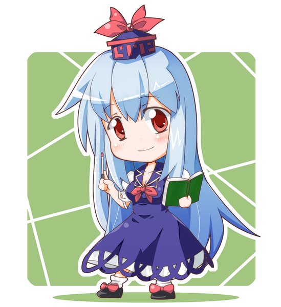 Anime picture 915x1000 with touhou kamishirasawa keine nihonbato single tall image looking at viewer blush fringe simple background red eyes standing blue hair full body very long hair chibi girl dress hat book (books) mini hat
