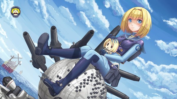 Anime picture 1920x1080 with heavy object j.c. staff milinda brantini huanghyy single looking at viewer highres short hair blue eyes blonde hair wide image sitting sky cloud (clouds) wallpaper girl weapon gun bodysuit doll (dolls)