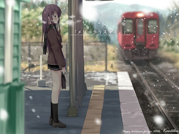 Anime picture 1024x768 with sakura musubi cuffs (studio) sera karen kantoku single long hair brown hair brown eyes snowing christmas winter snow plaid skirt uniform school uniform socks scarf bag blazer