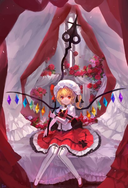 Anime picture 1000x1462 with touhou flandre scarlet fom (lifotai) single tall image short hair blonde hair red eyes sitting girl dress gloves flower (flowers) weapon elbow gloves bonnet crystal laevatein (touhou)