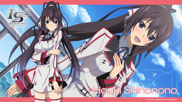 Anime picture 1920x1080 with infinite stratos 8bit shinonono houki horii kumi (artist) single long hair looking at viewer blush highres breasts open mouth blue eyes black hair wide image ponytail wallpaper zettai ryouiki happy girl thighhighs