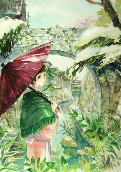 Anime picture 1005x1434 with original oyabin single tall image short hair blue eyes brown hair sky traditional clothes japanese clothes looking back girl plant (plants) water umbrella grass bridge
