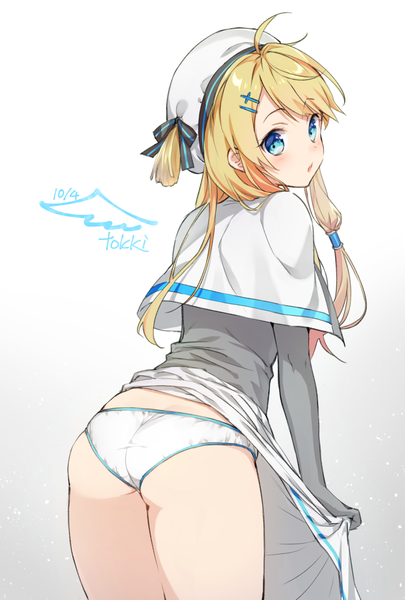 Anime picture 820x1214 with original tokki single long hair tall image looking at viewer blue eyes light erotic simple background blonde hair signed ahoge ass looking back from behind grey background :o gradient background dated fake wings