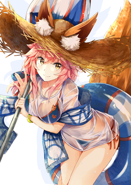 Anime picture 1000x1412 with fate (series) fate/grand order fate/extra tamamo (fate) (all) tamamo no mae (swimsuit lancer) (fate) hiiragi yashiro single long hair tall image looking at viewer blush fringe light erotic smile hair between eyes standing holding brown eyes animal ears pink hair