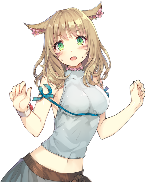 Anime picture 800x1000 with final fantasy final fantasy xiv square enix miqo'te momoko (momopoco) single long hair tall image looking at viewer fringe breasts open mouth simple background white background animal ears cat ears cat girl facial mark rei no himo cat eyes