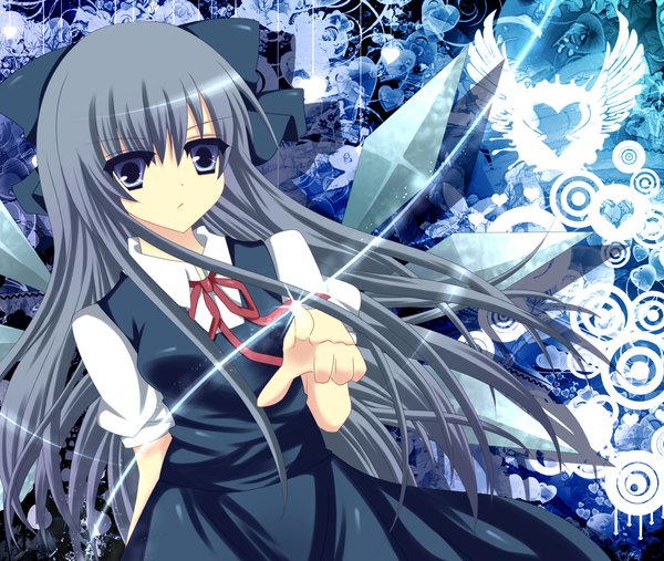 Anime picture 1300x1100 with touhou stigma1101 single long hair blue eyes silver hair girl dress bow hair bow wings