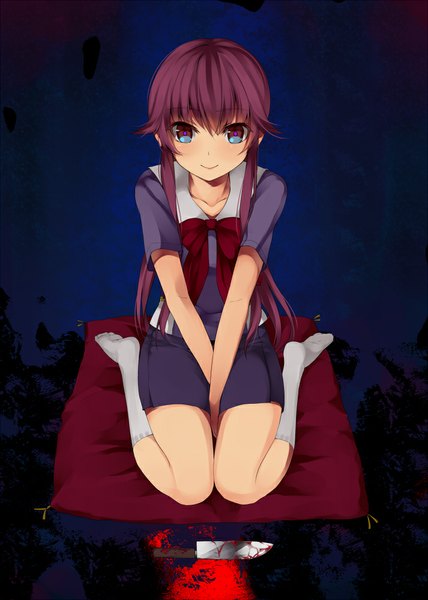 Anime picture 713x1000 with mirai nikki gasai yuno unasaka ryou long hair tall image blush blue eyes smile pink hair girl uniform school uniform socks blood white socks knife