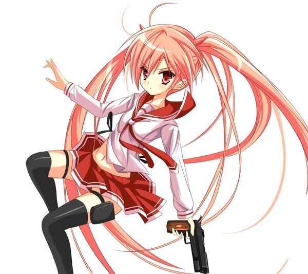 Anime picture 2200x1956 with hidan no aria kanzaki h aria pinkii (kuma) long hair highres simple background red eyes white background twintails pink hair ahoge loli girl thighhighs weapon black thighhighs serafuku gun