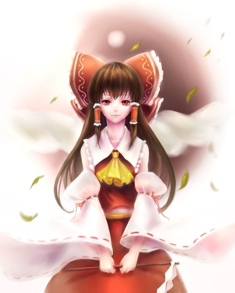 Anime picture 2400x3000 with touhou hakurei reimu grape.mk-233 single long hair tall image looking at viewer fringe highres red eyes brown hair holding wide sleeves girl skirt bow hair bow detached sleeves leaf (leaves) skirt set