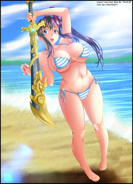 Anime picture 3000x4142 with maken-ki! amaya haruko hikarinogiri single long hair tall image highres breasts open mouth blue eyes light erotic smile large breasts sky purple hair cloud (clouds) sunlight armpit (armpits) coloring side ponytail