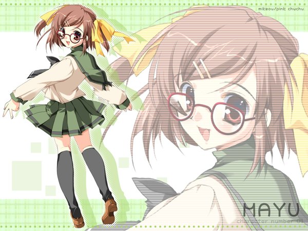 Anime picture 1600x1200 with mayu mikeou smile brown hair twintails brown eyes thighhighs skirt uniform ribbon (ribbons) school uniform glasses