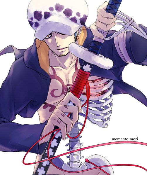 Anime picture 920x1100 with one piece toei animation trafalgar law nakotaka sham xxsham (mitsuba) single tall image simple background white background holding yellow eyes looking away inscription tattoo fighting stance serious skeleton boy weapon hat