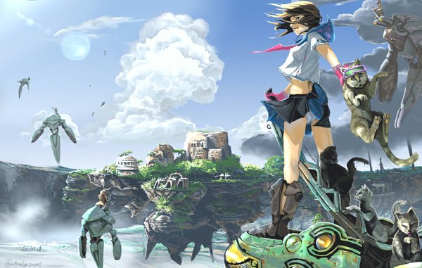 Anime picture 1100x700 with original kyan-dog (artist) light erotic smile brown hair holding brown eyes sky cloud (clouds) looking back wind from behind pantyshot back flying floating island overgrown girl skirt gloves