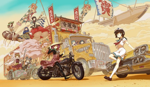 Anime picture 1848x1080 with mad max: fury road touhou houjuu nue hijiri byakuren tatara kogasa nazrin murasa minamitsu toramaru shou kasodani kyouko kumoi ichirin unzan futatsuiwa mamizou dahuang long hair looking at viewer fringe highres short hair breasts open mouth