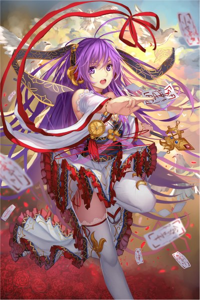 Anime picture 762x1142 with chain chronicle sega musynexsk single long hair tall image fringe open mouth purple eyes bare shoulders purple hair cloud (clouds) bent knee (knees) long sleeves wide sleeves outstretched arm flying crescent girl thighhighs