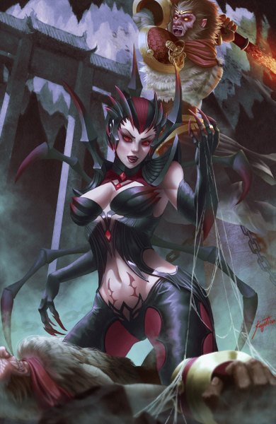 Anime picture 1577x2424 with league of legends elise (league of legends) wukong (league of legends) regition tall image light erotic red eyes yellow eyes monster girl girl navel animal insect claws spider web spider monkey