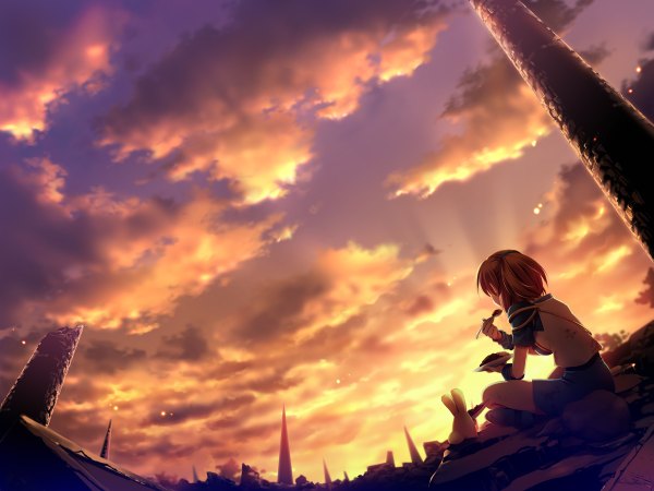 Anime picture 1200x900 with 490 single short hair blonde hair sitting sky cloud (clouds) from behind evening sunset eating scenic ruins girl animal bunny pillar column