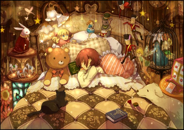 Anime picture 2003x1419 with original yunomachi highres sleeping fairy animal pillow bird (birds) star (symbol) book (books) bed cat toy stuffed animal teddy bear bunny dog doll (dolls) blanket cage