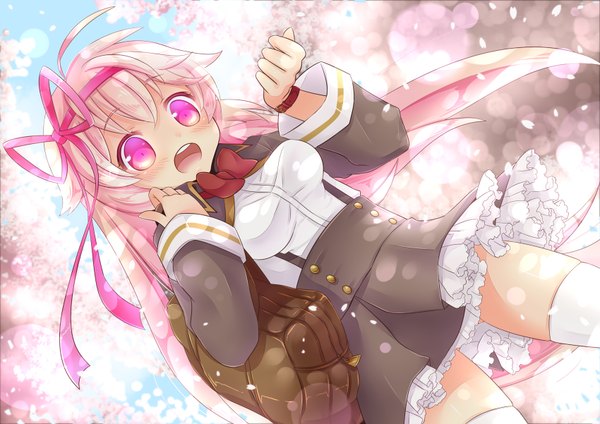 Anime picture 1700x1202 with original kuroki mashiro single blush open mouth pink hair ahoge very long hair pink eyes from below cherry blossoms girl thighhighs uniform ribbon (ribbons) plant (plants) hair ribbon school uniform petals white thighhighs