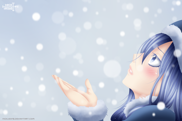 Anime picture 1700x1133 with fairy tail juvia lockser nickleon5 single long hair blush blue eyes blue hair profile lips coloring snowing looking up snow girl fur cap winter clothes