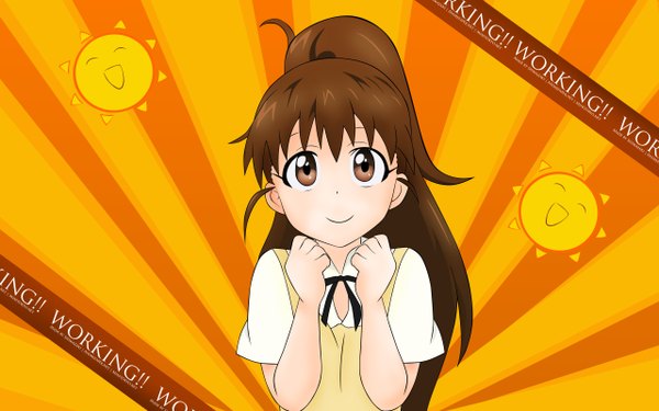 Anime picture 2560x1600 with working!! a-1 pictures taneshima popura long hair highres smile brown hair wide image brown eyes orange background