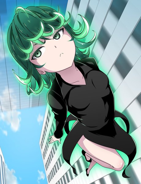 Anime picture 1021x1332 with one-punch man madhouse tatsumaki yasuto (eria151) single tall image short hair breasts green eyes looking away bent knee (knees) outdoors green hair bare legs flying curly hair girl dress shoes black dress