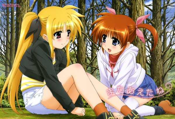 Anime picture 6015x4086 with mahou shoujo lyrical nanoha fate testarossa takamachi nanoha okuda yasuhiro long hair blush highres open mouth blue eyes blonde hair red eyes twintails multiple girls absurdres orange hair girl thighhighs skirt ribbon (ribbons) 2 girls