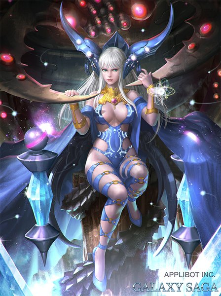 Anime picture 598x800 with galaxy saga kilart (artist) single long hair tall image fringe breasts blue eyes light erotic red eyes large breasts sitting holding looking away cleavage silver hair bent knee (knees) horn (horns) wind realistic