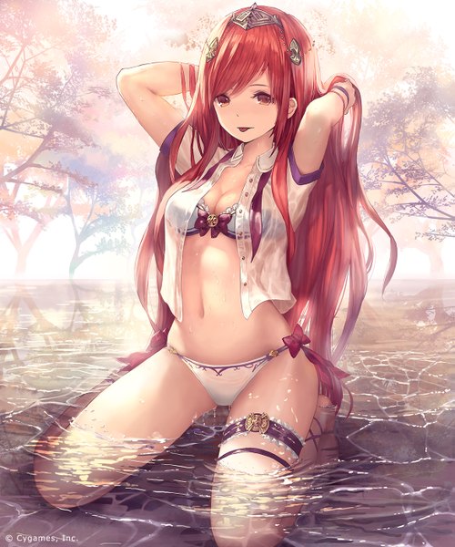 Anime picture 1167x1400 with shingeki no bahamut henriette (shingeki no bahamut) tachikawa mushimaro (bimo) single long hair tall image highres breasts light erotic red eyes red hair girl navel hair ornament underwear panties water lingerie bra