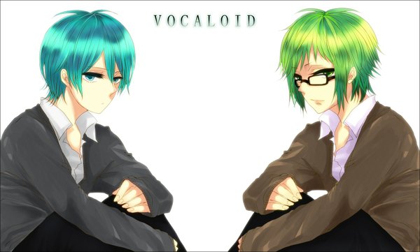Anime picture 1700x1024 with vocaloid hatsune mikuo gumo highres short hair wide image white background sitting green eyes aqua eyes green hair aqua hair inscription multiple boys boy glasses 2 boys