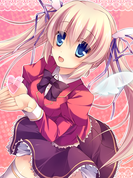 Anime picture 1200x1600 with original ringonotane (muku) long hair tall image looking at viewer blush open mouth blue eyes blonde hair twintails girl skirt uniform ribbon (ribbons) hair ribbon school uniform miniskirt wings bowtie