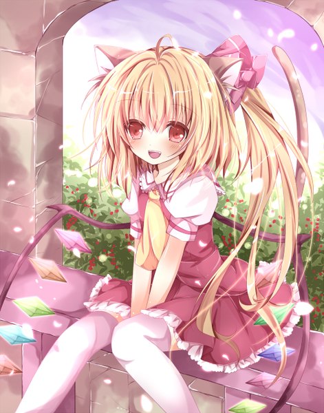 Anime picture 1000x1272 with touhou flandre scarlet nanase nao single tall image blush short hair open mouth blonde hair red eyes sitting animal ears cat ears one side up girl thighhighs dress flower (flowers) petals white thighhighs
