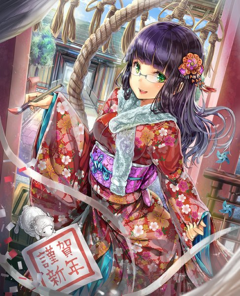 Anime picture 853x1050 with original hourainingyou single long hair tall image looking at viewer open mouth black hair green eyes traditional clothes japanese clothes girl hair ornament glasses kimono obi paintbrush calligraphy brush