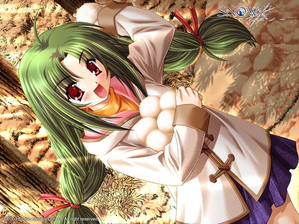 Anime picture 1280x960 with snow (game) studio mebius hiyorigawa asahi single long hair looking at viewer blush open mouth red eyes standing game cg outdoors braid (braids) long sleeves :d arm up green hair dutch angle twin braids girl