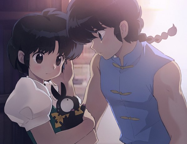 Anime picture 1000x772 with ranma 1/2 saotome ranma tendou akane p-chan mimi (ranma3049) blush short hair blue eyes black hair brown eyes braid (braids) couple girl boy animal vest pig