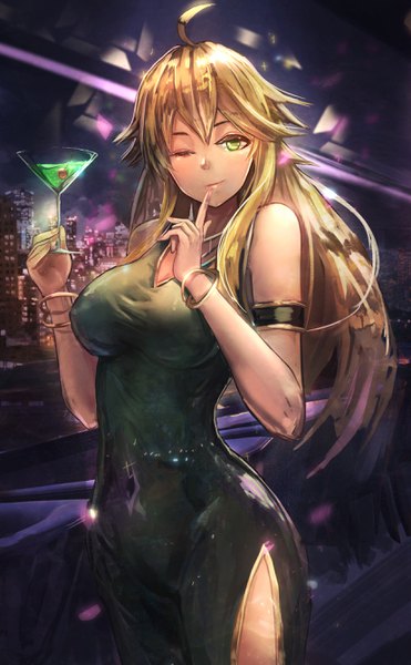 Anime picture 1656x2672 with idolmaster hoshii miki plaster (2501) single long hair tall image looking at viewer fringe breasts light erotic blonde hair hair between eyes large breasts standing holding green eyes ahoge one eye closed wink city