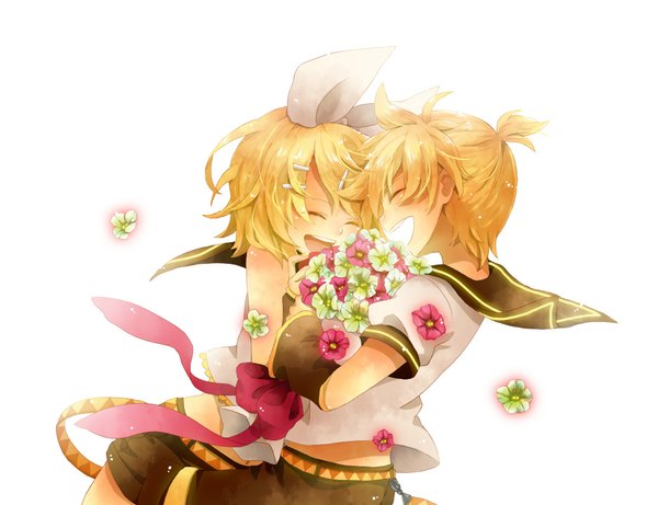 Anime picture 1040x800 with vocaloid kagamine rin kagamine len hana (mew) blush short hair open mouth simple background blonde hair white background eyes closed profile happy twins girl boy hair ornament flower (flowers) bow hair bow